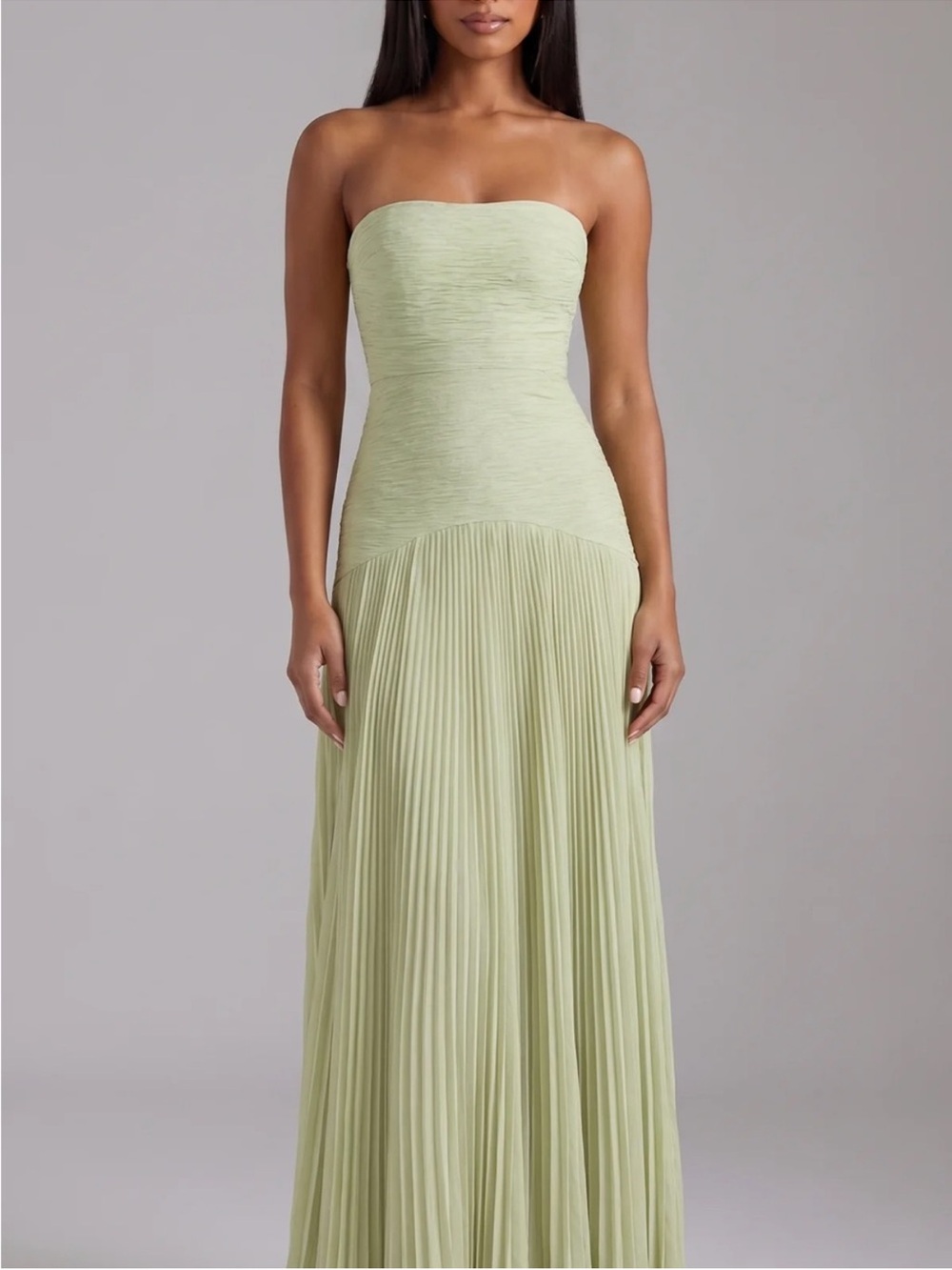 Strapless Pleated Maxi Dress in Sage Green